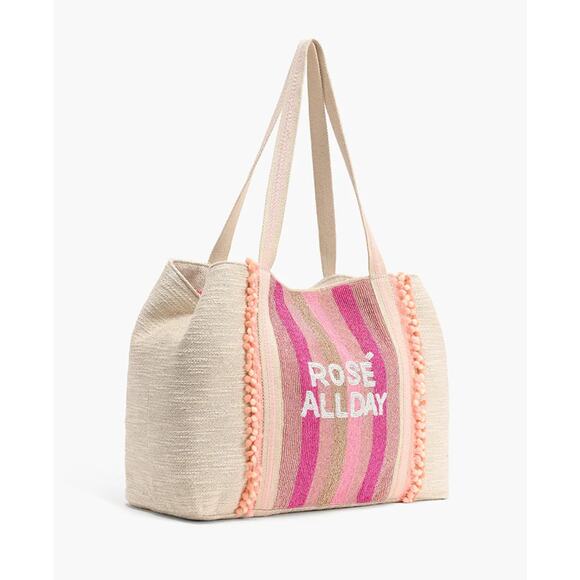 America and Beyond ROSE ALL DAY Tan Pink Large Tote Shoulder Beach Bag New - Picture 10 of 16